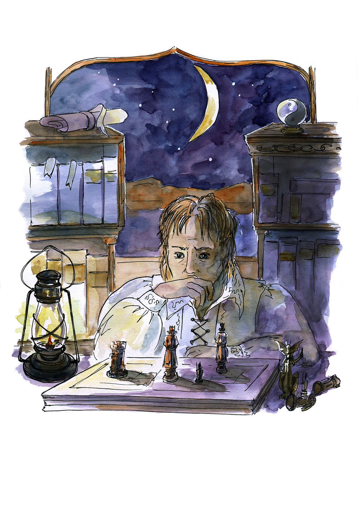 Watercolor interior illustration from Phoenix Rising, Chapter 16